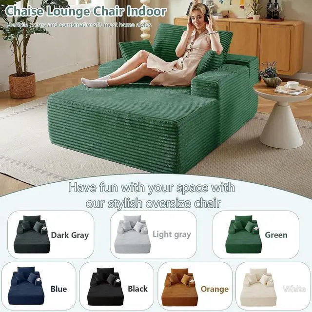 Alt view image 5 of 7 - 50" Oversized Chaise Lounge Chair Indoor,Corduroy Boneless Reading Chair with 3 Pillows,Deep Seat Cloud Sofa Bed,Comfy Modern Sleeper Chairs in Box for Living Room Bedroom,No Assembly(Green)