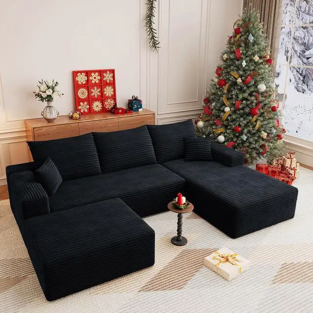 Main image of 107" U Shaped Cloud Sectional Couch with Fluffy Corduroy, Deep Memory Foam Seats Sofa with 1 Ottoman for Living Room, No Assembly Required(Black,Right-Facing Chaise)