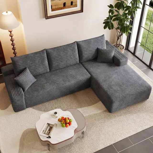 Alt view image 5 of 7 - 96" Boneless Couches for Living Room,Cloud Sectional Couch with L-Shape Chaise, Modular Corduroy Memory Foam Sofa with Deep Seat for Apartment, No Assembly Required(Dark Gray,Right-Facing Chaise)