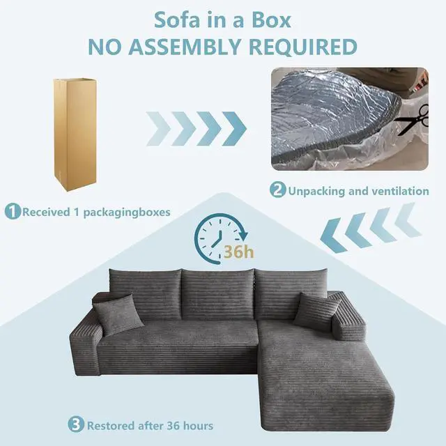 Alt view image 6 of 7 - 96" Boneless Couches for Living Room,Cloud Sectional Couch with L-Shape Chaise, Modular Corduroy Memory Foam Sofa with Deep Seat for Apartment, No Assembly Required(Dark Gray,Right-Facing Chaise)