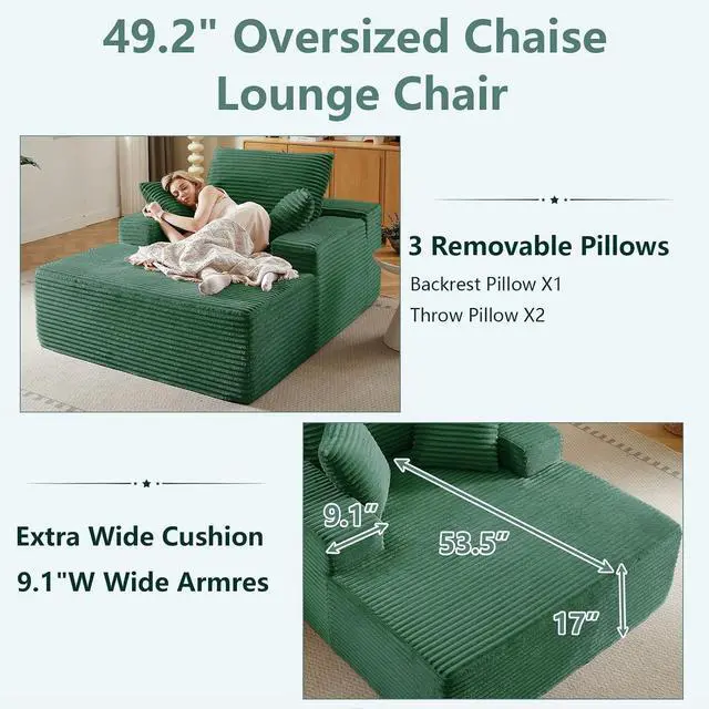 Alt view image 4 of 7 - 50" Oversized Chaise Lounge Chair Indoor,Corduroy Boneless Reading Chair with 3 Pillows,Deep Seat Cloud Sofa Bed,Comfy Modern Sleeper Chairs in Box for Living Room Bedroom,No Assembly(Green)