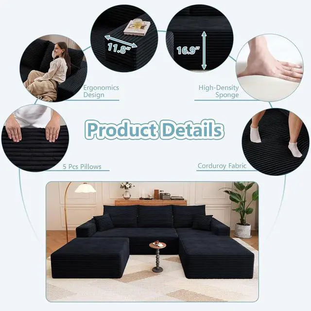 Alt view image 4 of 7 - 107" U Shaped Cloud Sectional Couch with Fluffy Corduroy, Deep Memory Foam Seats Sofa with 1 Ottoman for Living Room, No Assembly Required(Black,Right-Facing Chaise)