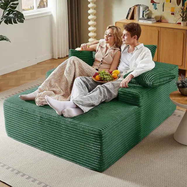 Alt view image 6 of 7 - 50" Oversized Chaise Lounge Chair Indoor,Corduroy Boneless Reading Chair with 3 Pillows,Deep Seat Cloud Sofa Bed,Comfy Modern Sleeper Chairs in Box for Living Room Bedroom,No Assembly(Green)