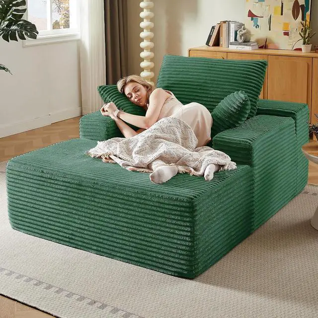 Alt view image 7 of 7 - 50" Oversized Chaise Lounge Chair Indoor,Corduroy Boneless Reading Chair with 3 Pillows,Deep Seat Cloud Sofa Bed,Comfy Modern Sleeper Chairs in Box for Living Room Bedroom,No Assembly(Green)