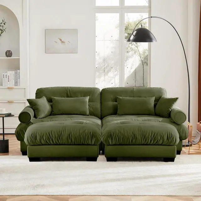 Alt view image 3 of 6 - 93.7" Oversized Loveseat Sofa with 2 Ottomans,Modern Velvet 2-Seat Couch with Waist & Throw Pillows,Upholstered Deep Seat Cloud Couch for Living Room,Bedroom(Olive Green,2 Seater with 2 Ottomans)