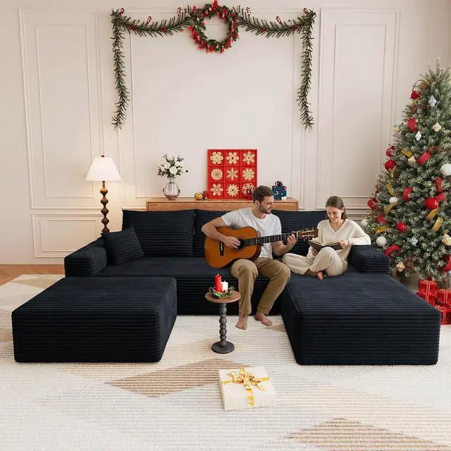 Alt view image 3 of 7 - 107" U Shaped Cloud Sectional Couch with Fluffy Corduroy, Deep Memory Foam Seats Sofa with 1 Ottoman for Living Room, No Assembly Required(Black,Right-Facing Chaise)