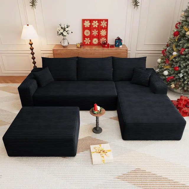 Alt view image 5 of 7 - 107" U Shaped Cloud Sectional Couch with Fluffy Corduroy, Deep Memory Foam Seats Sofa with 1 Ottoman for Living Room, No Assembly Required(Black,Right-Facing Chaise)