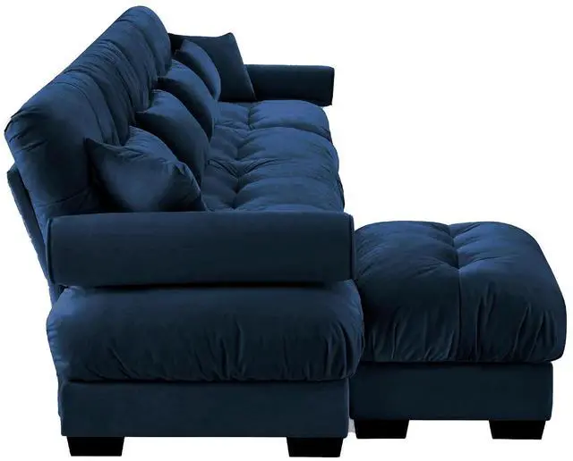 Alt view image 6 of 6 - 166" W Modular Sectional Sofa with Ottoman, Oversized 4-Seater Couch with Waist & Throw Pillows, Comfy Velvet Deep Seat Upholstered Sofa for Living Room, Apartment(Blue,4-Seater with Ottoman)