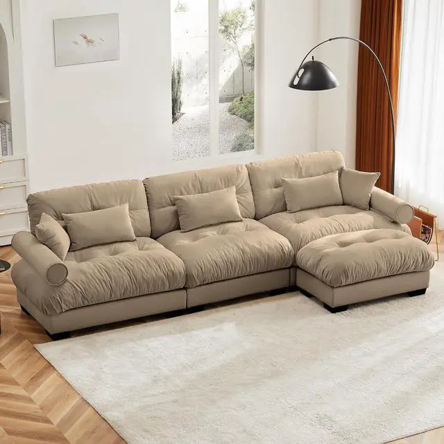 Main image of 130"W Modular Sectional Sofa with Ottoman, Oversized 3-Seater Couch with Waist & Throw Pillows, Comfy Velvet Deep Seat Upholstered Sofa for Living Room, Apartment (Camel,3-Seater with Ottoman)