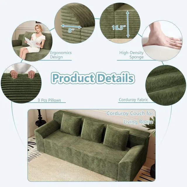 Alt view image 4 of 7 - 71"Cloud Loveseat Sofa,Modern 2-Seater Boneless Couch with 3Pillows & Side Pocket,Soft Corduroy Love seat,Compressed Foam,Deep Seat,No Assembly for Living Room,Bedroom,Apartment(Tilted Armrest,Green)