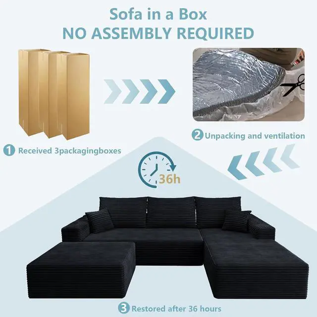 Alt view image 6 of 7 - 107" U Shaped Cloud Sectional Couch with Fluffy Corduroy, Deep Memory Foam Seats Sofa with 1 Ottoman for Living Room, No Assembly Required(Black,Right-Facing Chaise)