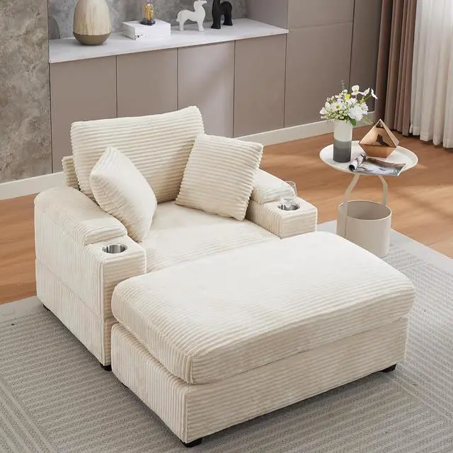 Main image of 42.12" Oversized Chair with Ottoman,Chaise Lounge Chair Indoor with Ottoman & Storage,Comfy Corduroy Reading Chairs with Cup Holder for Bedroom & Living Room(Beige)