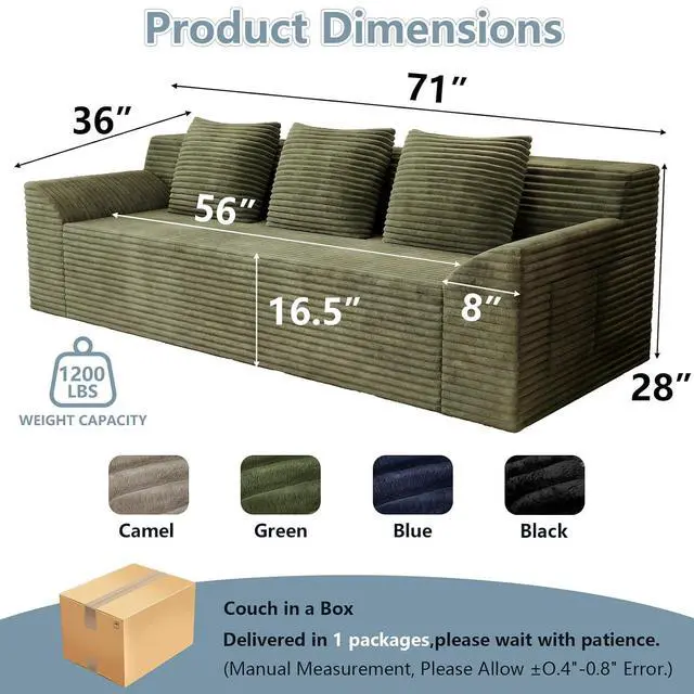 Alt view image 2 of 7 - 71"Cloud Loveseat Sofa,Modern 2-Seater Boneless Couch with 3Pillows & Side Pocket,Soft Corduroy Love seat,Compressed Foam,Deep Seat,No Assembly for Living Room,Bedroom,Apartment(Tilted Armrest,Green)