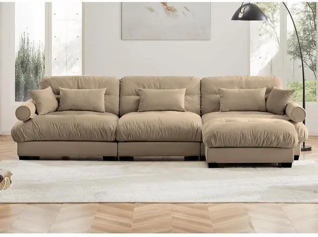 Alt view image 3 of 6 - 130"W Modular Sectional Sofa with Ottoman, Oversized 3-Seater Couch with Waist & Throw Pillows, Comfy Velvet Deep Seat Upholstered Sofa for Living Room, Apartment (Camel,3-Seater with Ottoman)