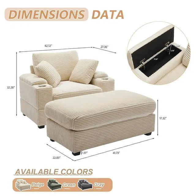 Alt view image 2 of 6 - 42.12" Oversized Chair with Ottoman,Chaise Lounge Chair Indoor with Ottoman & Storage,Comfy Corduroy Reading Chairs with Cup Holder for Bedroom & Living Room(Beige)
