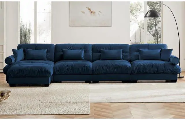 Alt view image 3 of 6 - 166" W Modular Sectional Sofa with Ottoman, Oversized 4-Seater Couch with Waist & Throw Pillows, Comfy Velvet Deep Seat Upholstered Sofa for Living Room, Apartment(Blue,4-Seater with Ottoman)
