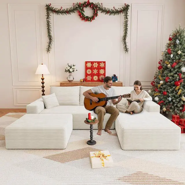 Main image of 107" U Shaped Cloud Sectional Couch with Fluffy Corduroy, Deep Memory Foam Seats Sofa with 1 Ottoman for Living Room, No Assembly Required(White,Right-Facing Chaise)