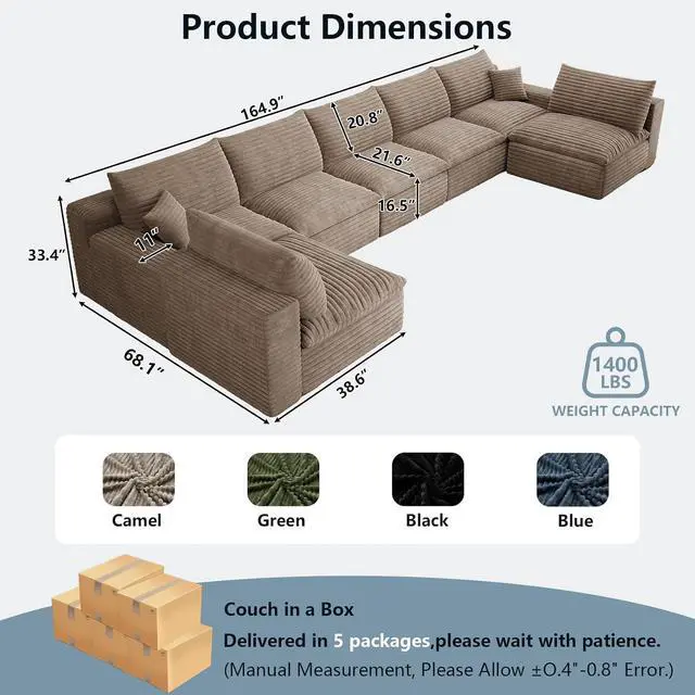Alt view image 7 of 7 - 165" Oversized Cloud Sectional Couch with U-Shaped Chaise,7-Seater Corduroy Viral Boneless Sofa,Memory Foam Couches in a Box with Deep Seat for Living Room,No Assembly Required, Camel