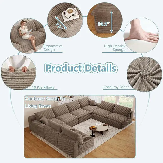 Alt view image 4 of 7 - 136" Oversized Cloud Sectional Couch with U-Shaped Chaise,8-Seater Corduroy Viral Boneless Sofa,Memory Foam Couches in a Box with Deep Seat for Living Room,No Assembly Required, Camel