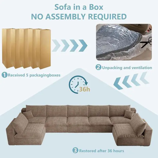 Alt view image 6 of 7 - 165" Oversized Cloud Sectional Couch with U-Shaped Chaise,7-Seater Corduroy Viral Boneless Sofa,Memory Foam Couches in a Box with Deep Seat for Living Room,No Assembly Required, Camel
