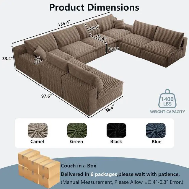 Alt view image 7 of 7 - 136" Oversized Cloud Sectional Couch with U-Shaped Chaise,8-Seater Corduroy Viral Boneless Sofa,Memory Foam Couches in a Box with Deep Seat for Living Room,No Assembly Required, Camel