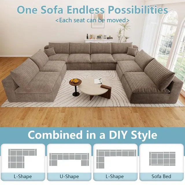 Alt view image 5 of 7 - 136" Oversized Cloud Sectional Couch with U-Shaped Chaise,8-Seater Corduroy Viral Boneless Sofa,Memory Foam Couches in a Box with Deep Seat for Living Room,No Assembly Required, Camel