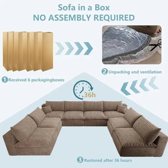 Alt view image 6 of 7 - 136" Oversized Cloud Sectional Couch with U-Shaped Chaise,8-Seater Corduroy Viral Boneless Sofa,Memory Foam Couches in a Box with Deep Seat for Living Room,No Assembly Required, Camel