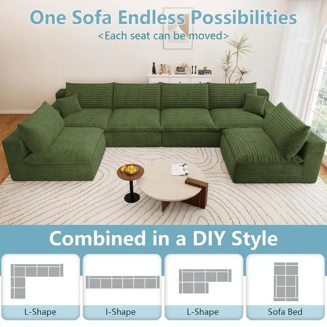 Alt view image 4 of 7 - 136" Oversized Cloud Sectional Couch with U-Shaped Chaise,6-Seater Corduroy Viral Boneless Sofa,Memory Foam Couches in a Box with Deep Seat for Living Room,No Assembly Required, Green