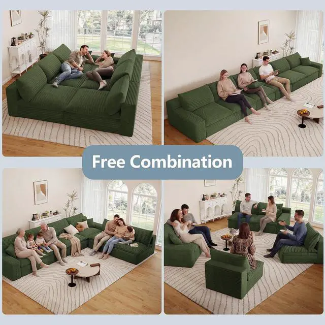 Alt view image 3 of 7 - 136" Oversized Cloud Sectional Couch with U-Shaped Chaise,6-Seater Corduroy Viral Boneless Sofa,Memory Foam Couches in a Box with Deep Seat for Living Room,No Assembly Required, Green