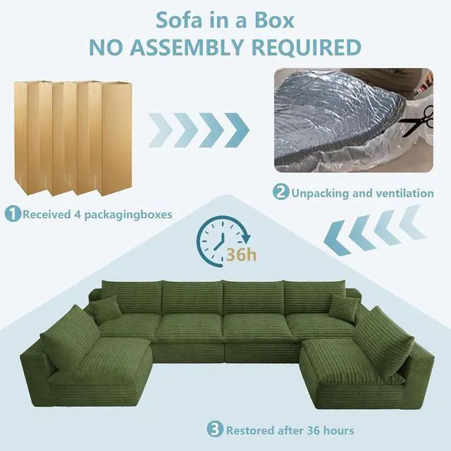 Alt view image 7 of 7 - 136" Oversized Cloud Sectional Couch with U-Shaped Chaise,6-Seater Corduroy Viral Boneless Sofa,Memory Foam Couches in a Box with Deep Seat for Living Room,No Assembly Required, Green