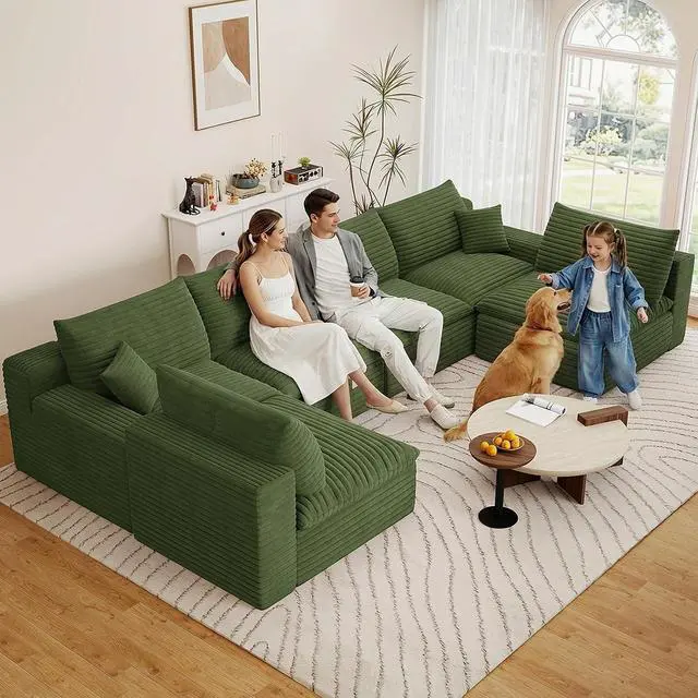Alt view image 5 of 7 - 136" Oversized Cloud Sectional Couch with U-Shaped Chaise,6-Seater Corduroy Viral Boneless Sofa,Memory Foam Couches in a Box with Deep Seat for Living Room,No Assembly Required, Green
