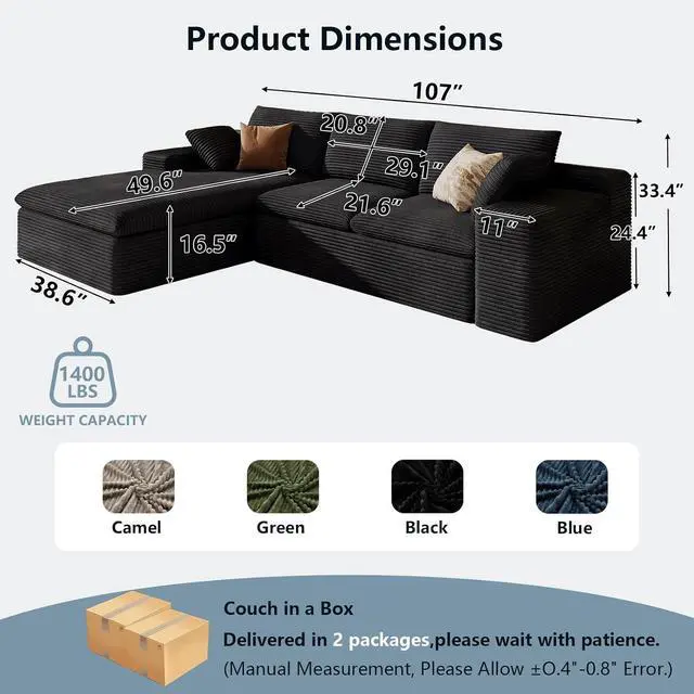 Alt view image 2 of 7 - 107" Cloud Sectional Couch with L-Shape Chaise, Modern Corduroy Viral Boneless Sofa for Living Room,Memory Foam Couches in a Box with Deep Seat,No Assembly Required (Black,Left-Facing Chaise)
