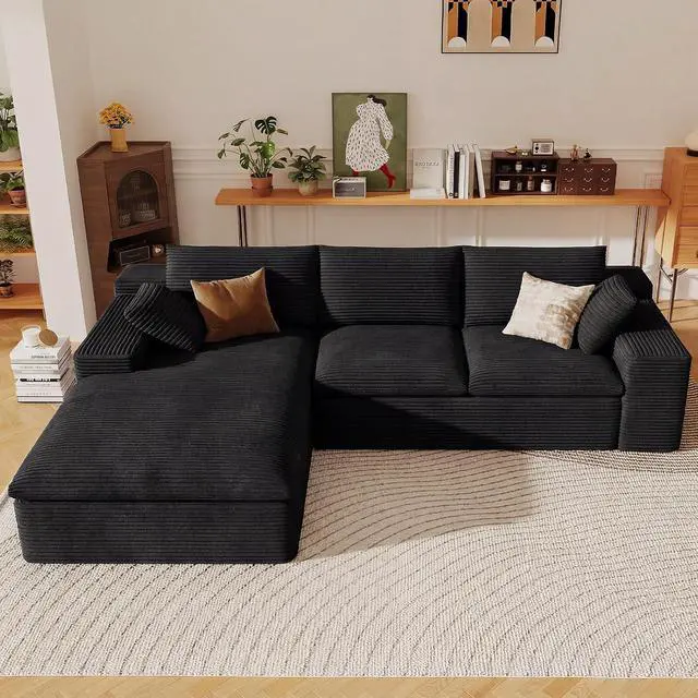 Alt view image 4 of 7 - 107" Cloud Sectional Couch with L-Shape Chaise, Modern Corduroy Viral Boneless Sofa for Living Room,Memory Foam Couches in a Box with Deep Seat,No Assembly Required (Black,Left-Facing Chaise)