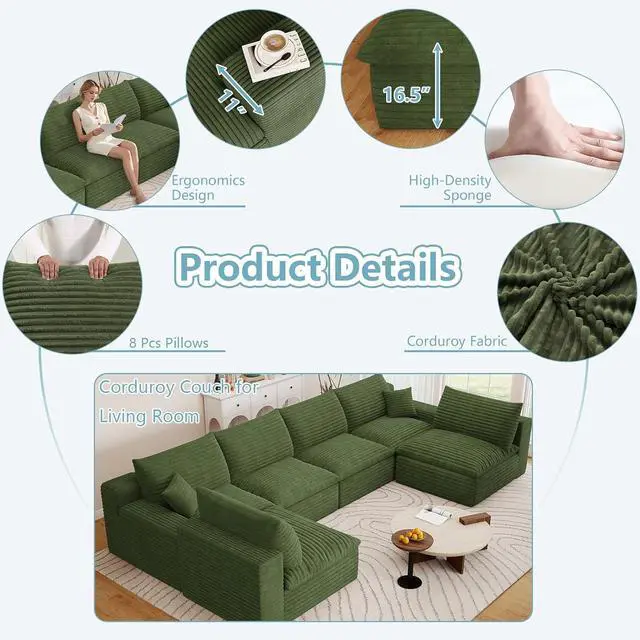 Alt view image 6 of 7 - 136" Oversized Cloud Sectional Couch with U-Shaped Chaise,6-Seater Corduroy Viral Boneless Sofa,Memory Foam Couches in a Box with Deep Seat for Living Room,No Assembly Required, Green