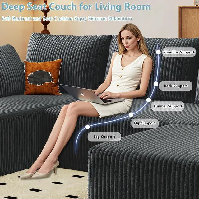 Alt view image 5 of 7 - 96" W Cloud Sectional Couch with Ottoman,Modern U-Shaped Cloud Couch with Deep Seat,Comfy Corduroy 3-Seater Sofa,Memory Foam Sofa for Living Room,No Assembly (Dark Grey,Left-Facing Chaise)