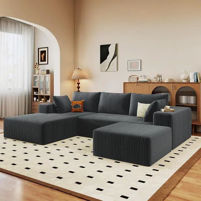 Alt view image 6 of 7 - 96" W Cloud Sectional Couch with Ottoman,Modern U-Shaped Cloud Couch with Deep Seat,Comfy Corduroy 3-Seater Sofa,Memory Foam Sofa for Living Room,No Assembly (Dark Grey,Left-Facing Chaise)