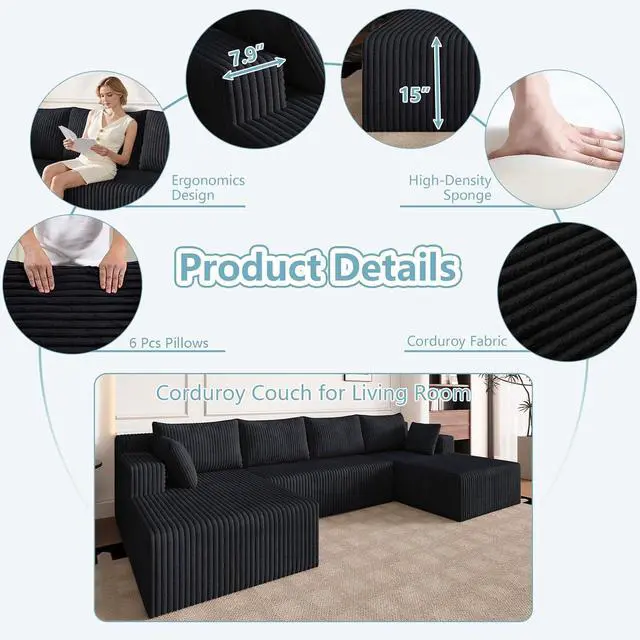 Alt view image 4 of 7 - 124" Cloud Sectional Couch,Modern U-Shaped Boneless Couch with Deep Seat,Comfy Corduroy 4-Seater Sofa,Memory Foam Sofa for Living Room,No Assembly Required (Black)