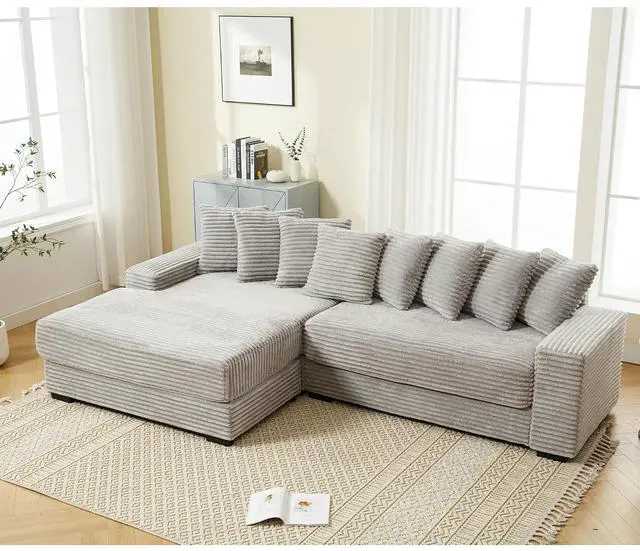 Main image of 111" W Modular Sectional Sofa with 8 Pillows, Comfy Corduroy Cloud Couch with Chaise, L-Shaped Modern 3-Seater Sofa for Living Room or Apartment (Grey, Left-Facing Chaise)