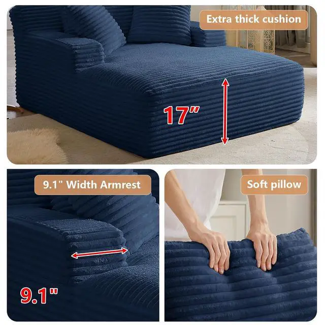 Alt view image 4 of 6 - 49.2" Oversized Chaise Lounge Chair Indoor,Corduroy Boneless Reading Chair with 3 Pillows,Deep Seat Cloud Sofa Bed,Comfy Modern Sleeper Chairs in Box for Living Room Bedroom,No Assembly(Blue)