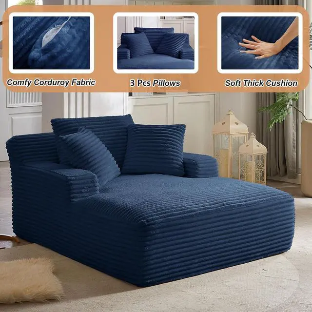 Alt view image 3 of 6 - 49.2" Oversized Chaise Lounge Chair Indoor,Corduroy Boneless Reading Chair with 3 Pillows,Deep Seat Cloud Sofa Bed,Comfy Modern Sleeper Chairs in Box for Living Room Bedroom,No Assembly(Blue)