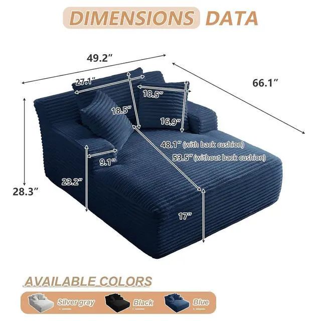 Alt view image 2 of 6 - 49.2" Oversized Chaise Lounge Chair Indoor,Corduroy Boneless Reading Chair with 3 Pillows,Deep Seat Cloud Sofa Bed,Comfy Modern Sleeper Chairs in Box for Living Room Bedroom,No Assembly(Blue)