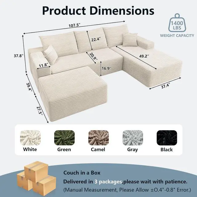 Alt view image 2 of 7 - 107" U Shaped Cloud Sectional Couch with Fluffy Corduroy, Deep Memory Foam Seats Sofa with 1 Ottoman for Living Room, No Assembly Required(White,Right-Facing Chaise)