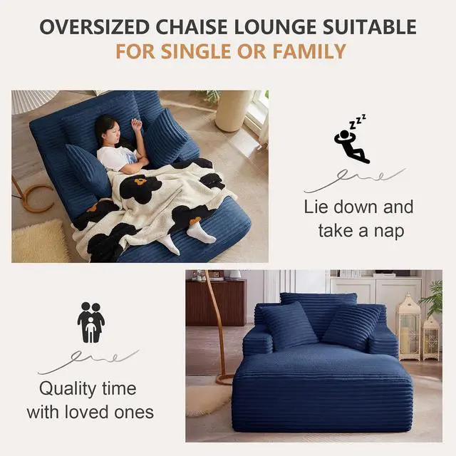 Alt view image 5 of 6 - 49.2" Oversized Chaise Lounge Chair Indoor,Corduroy Boneless Reading Chair with 3 Pillows,Deep Seat Cloud Sofa Bed,Comfy Modern Sleeper Chairs in Box for Living Room Bedroom,No Assembly(Blue)