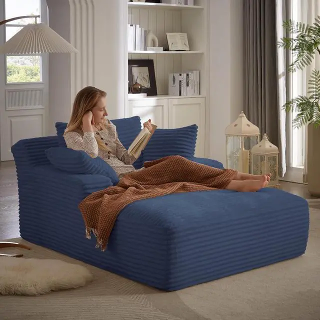 Main image of 49.2" Oversized Chaise Lounge Chair Indoor,Corduroy Boneless Reading Chair with 3 Pillows,Deep Seat Cloud Sofa Bed,Comfy Modern Sleeper Chairs in Box for Living Room Bedroom,No Assembly(Blue)