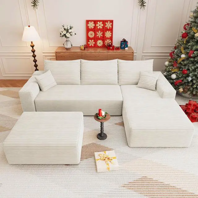 Alt view image 3 of 7 - 107" U Shaped Cloud Sectional Couch with Fluffy Corduroy, Deep Memory Foam Seats Sofa with 1 Ottoman for Living Room, No Assembly Required(White,Right-Facing Chaise)