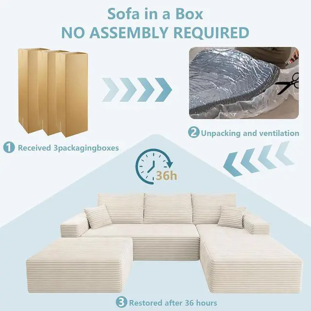 Alt view image 6 of 7 - 107" U Shaped Cloud Sectional Couch with Fluffy Corduroy, Deep Memory Foam Seats Sofa with 1 Ottoman for Living Room, No Assembly Required(White,Right-Facing Chaise)
