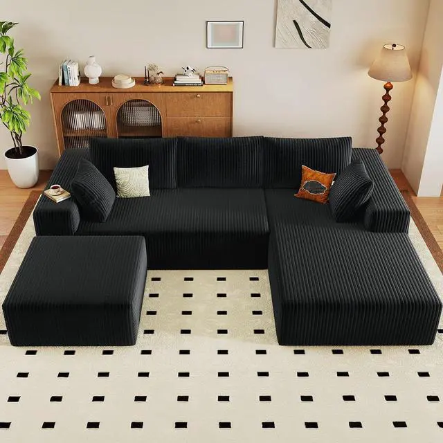 Main image of 96" U Shaped Cloud Sectional Couch with Fluffy Corduroy, Deep Memory Foam Seats Sofa with 1 Ottoman for Living Room, No Assembly Required(Black,Right-Facing Chaise)