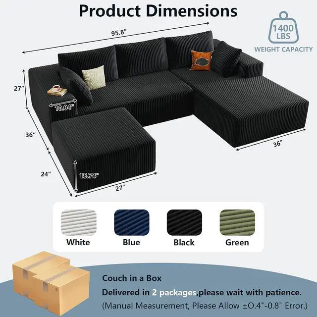 Alt view image 2 of 7 - 96" U Shaped Cloud Sectional Couch with Fluffy Corduroy, Deep Memory Foam Seats Sofa with 1 Ottoman for Living Room, No Assembly Required(Black,Right-Facing Chaise)