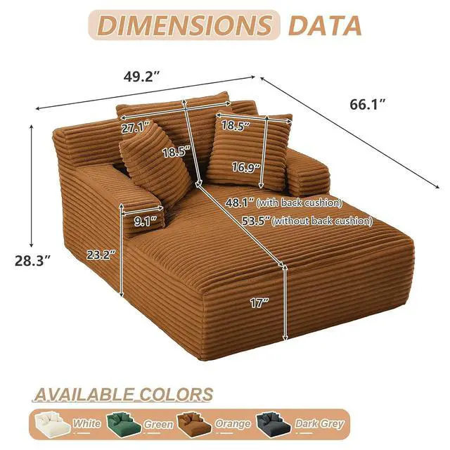 Alt view image 2 of 6 - 49.2"Oversized Chaise Lounge Chair Indoor,Corduroy Boneless Reading Chair with 3 Pillows,Deep Seat Cloud Sofa Bed,Comfy Modern Sleeper Chairs in Box for Living Room Bedroom,No Assembly(Orange)