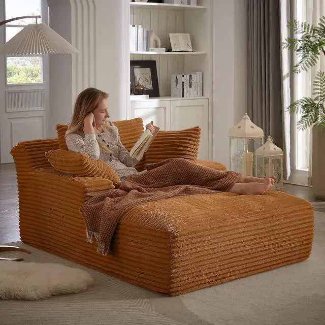 Main image of 49.2"Oversized Chaise Lounge Chair Indoor,Corduroy Boneless Reading Chair with 3 Pillows,Deep Seat Cloud Sofa Bed,Comfy Modern Sleeper Chairs in Box for Living Room Bedroom,No Assembly(Orange)
